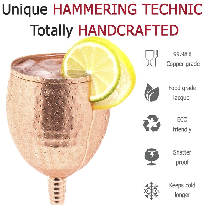 Mosscoff Copper wine glasses set of 2 â€“ 11oz gleaming 100% solid hammered copper wine cups on brass copper plated stems â€“ a gift for men and women â€“ great glasses for red or white wine and Moscow mules - Image 4